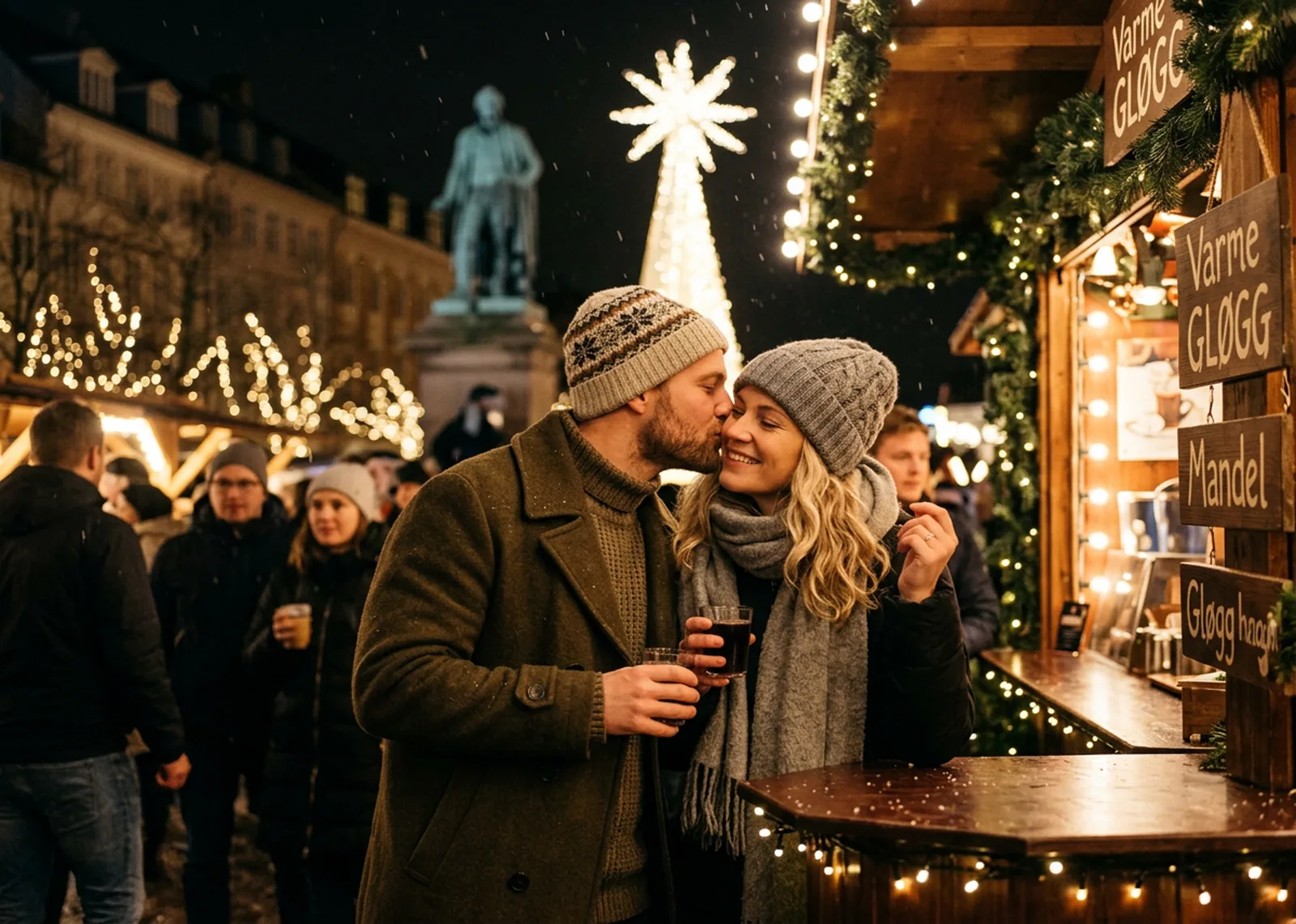 Una pareja tomando glögg caliente en un puesto del mercado de Navidad de Copenhague de noche, con una estrella de Navidad iluminada detrás