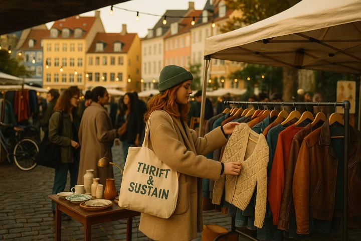 Woman browsing a knit cardigan at a Copenhagen vintage market at golden hour, on cobblestone streets with bikes and string lights sustainable Nordic fashion.