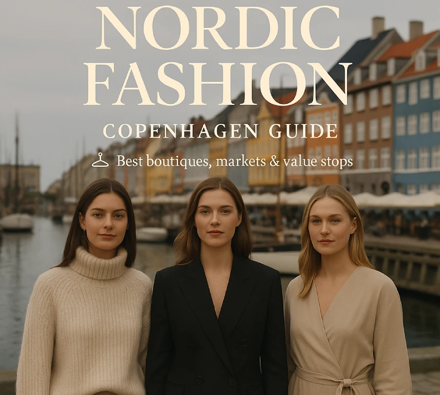 Nordic fashion Copenhagen guide cover with three women in minimalist Scandinavian outfits at Nyhavn canal, highlighting best boutiques, markets and value stops